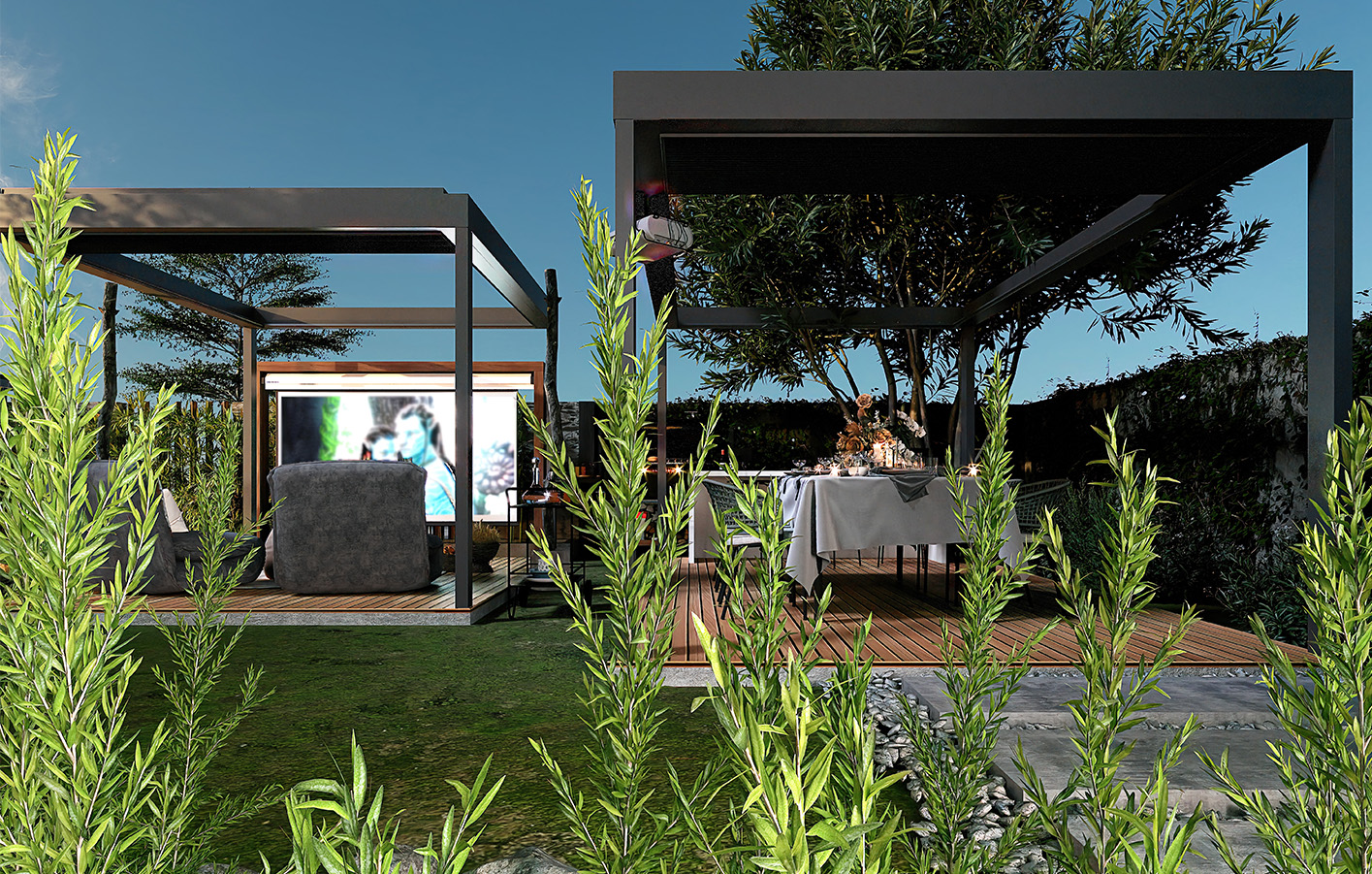 Holzterrasse mit Pflanzen und einfacher Möblierung für ein natürliches Ambiente.